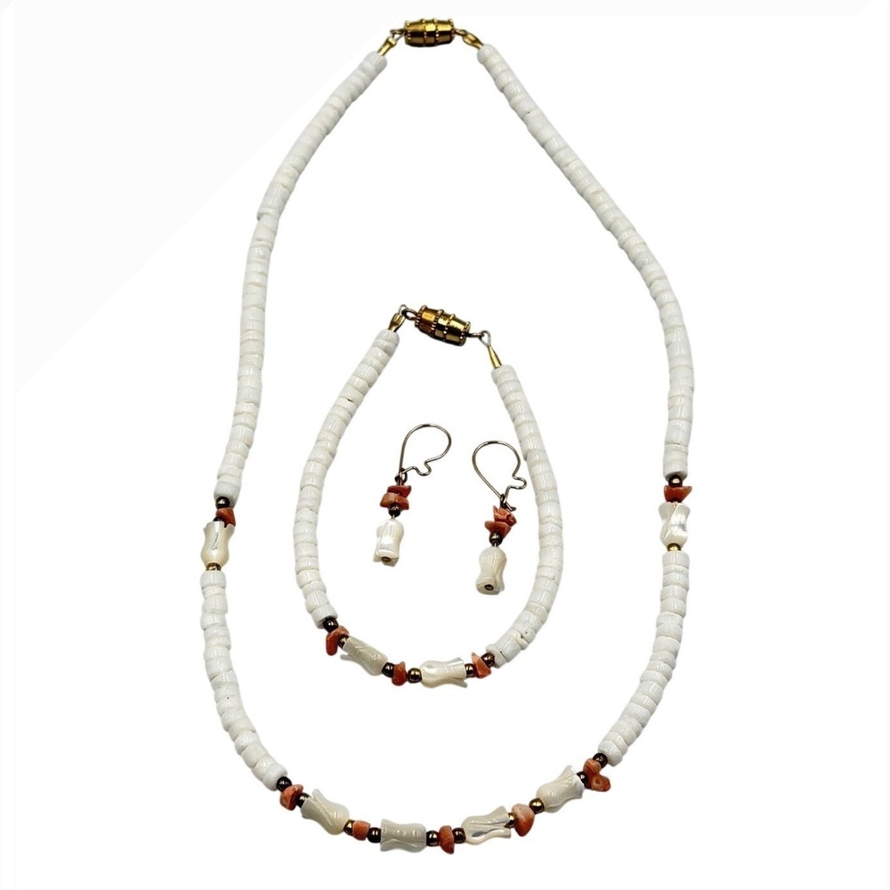 Vtg Carved Mother Of Pearl Tulip  Angel Coral‎ Necklace, Earring, Bracelet Set